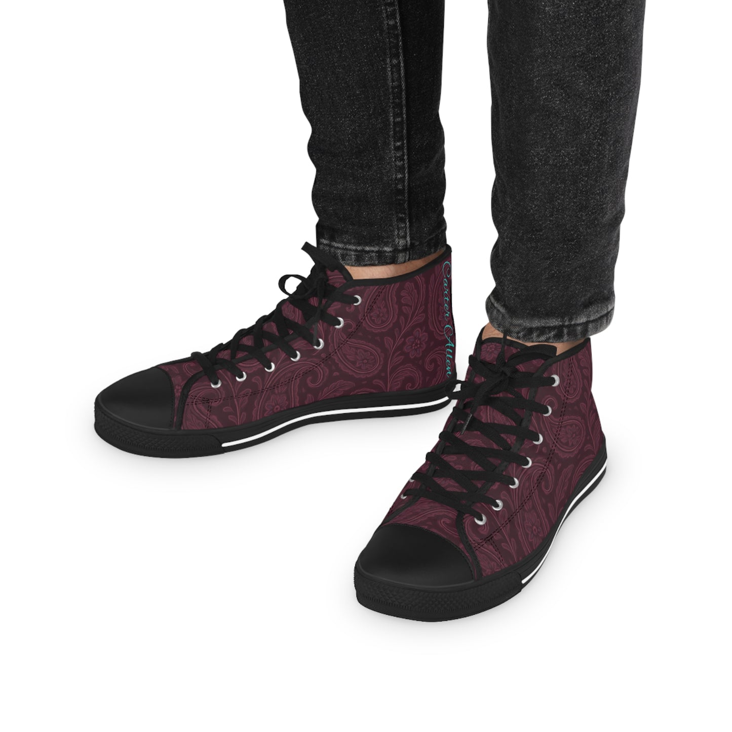 Men's High Top Sneakers- Stylish Plum Paisley Design