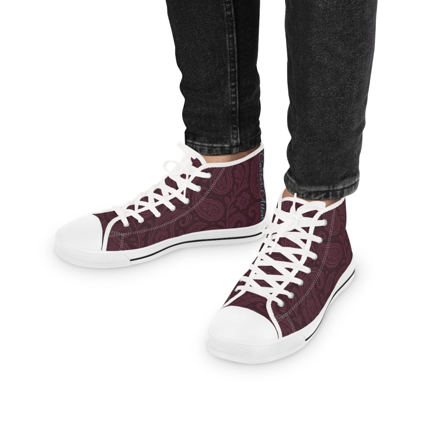 Men's High Top Sneakers- Stylish Plum Paisley Design