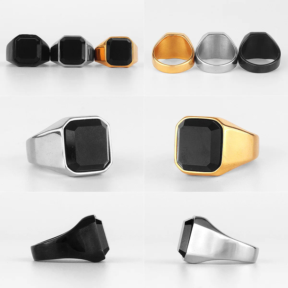 Black Rhinestone Stainless Steel Mens Rings