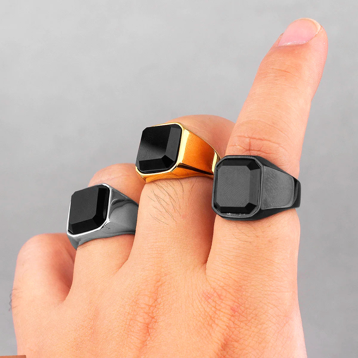 Black Rhinestone Stainless Steel Mens Rings