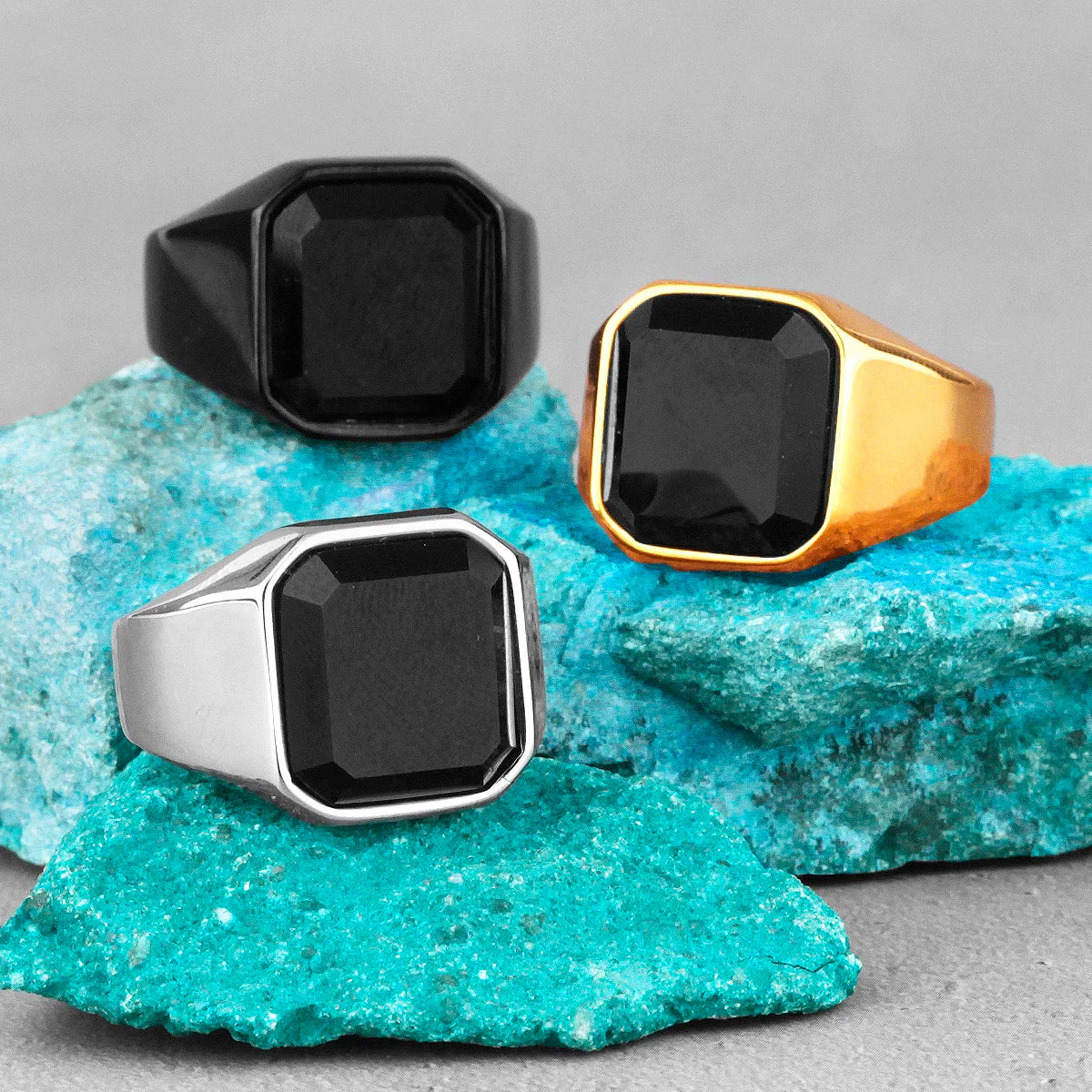 Black Rhinestone Stainless Steel Mens Rings