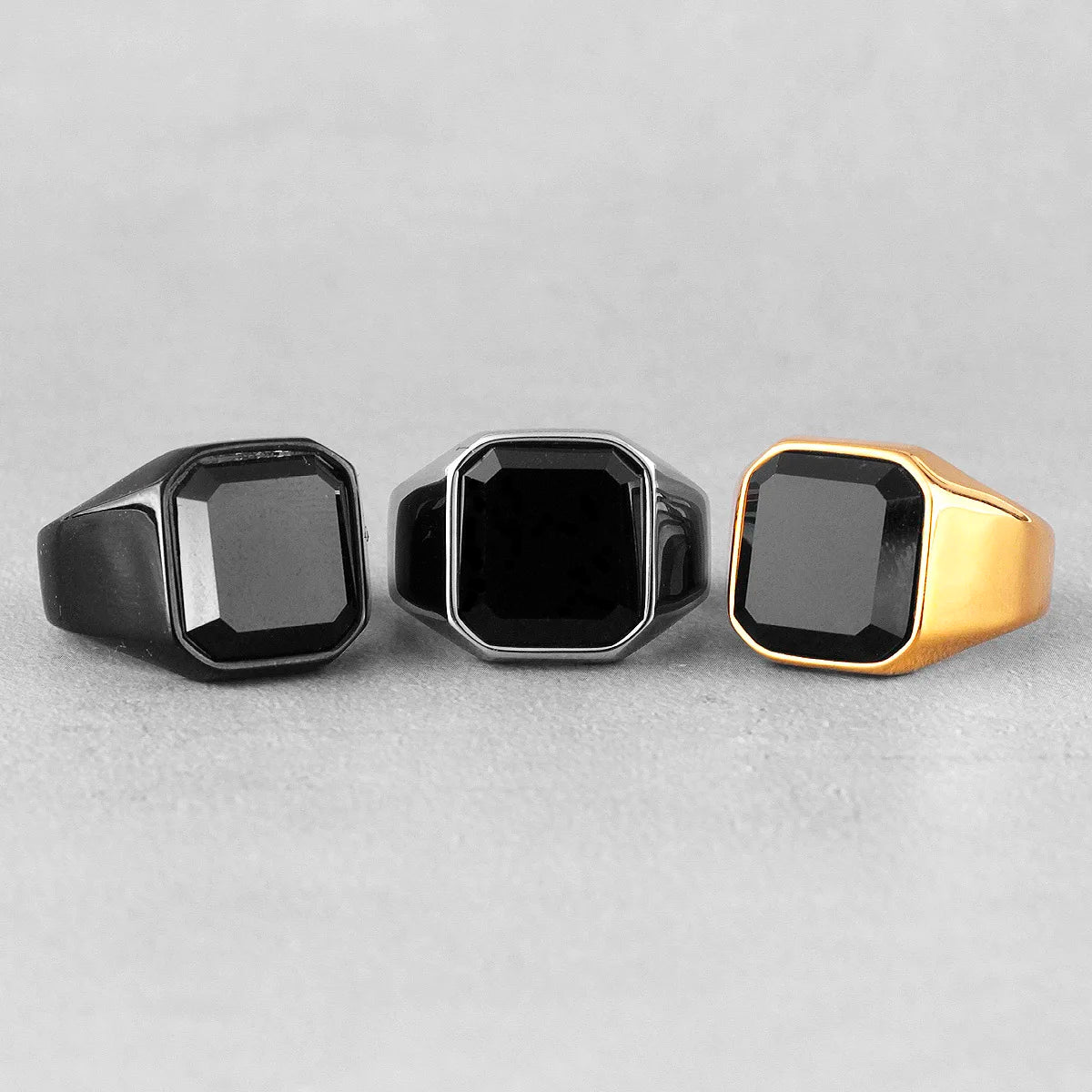 Black Rhinestone Stainless Steel Mens Rings