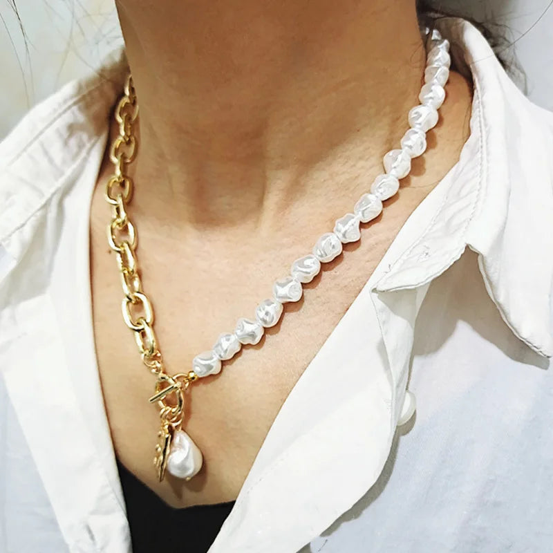 Vintage Baroque Pearl Lock Chains Necklace