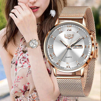 Quartz Stainless Steel Mesh Rose Gold Watches