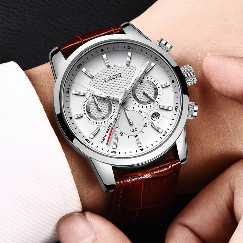 LIGE Leather Chronograph Waterproof Sport Watch