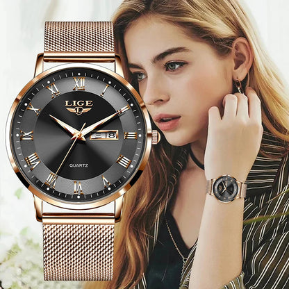Quartz Stainless Steel Mesh Rose Gold Watches