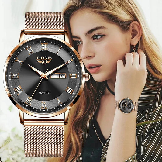 Quartz Stainless Steel Mesh Rose Gold Watches