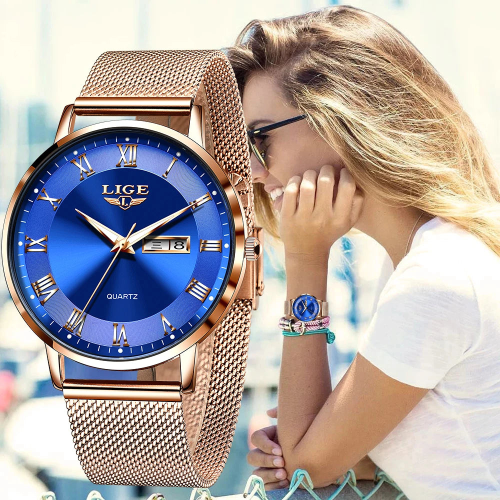 Quartz Stainless Steel Mesh Rose Gold Watches
