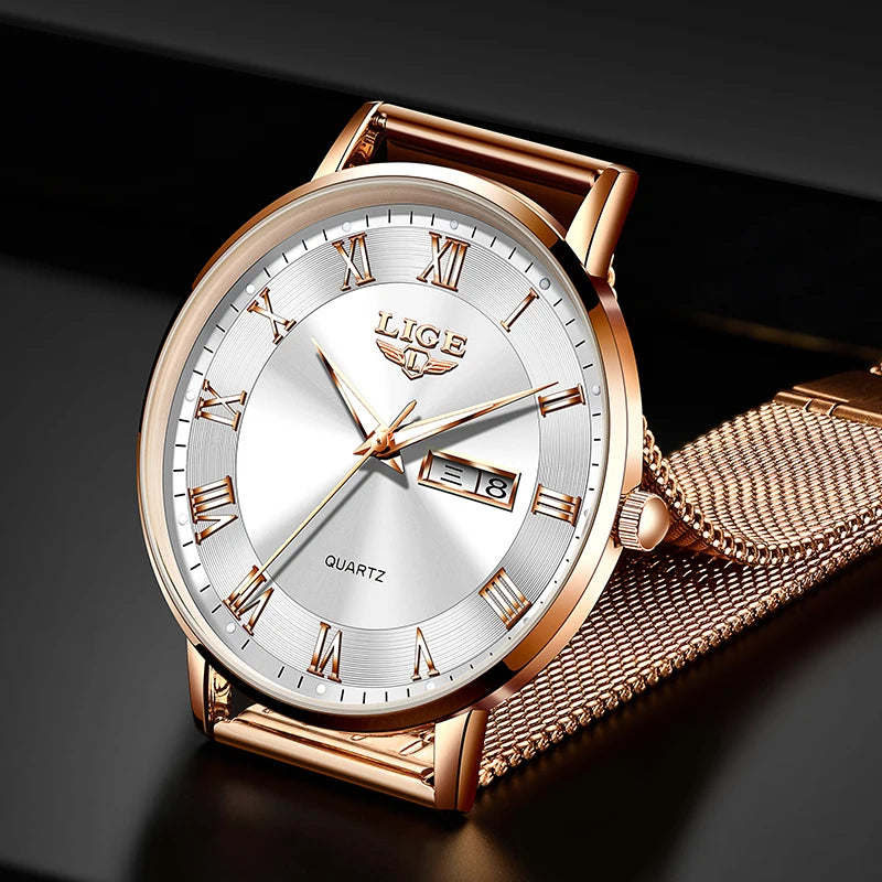 Quartz Stainless Steel Mesh Rose Gold Watches