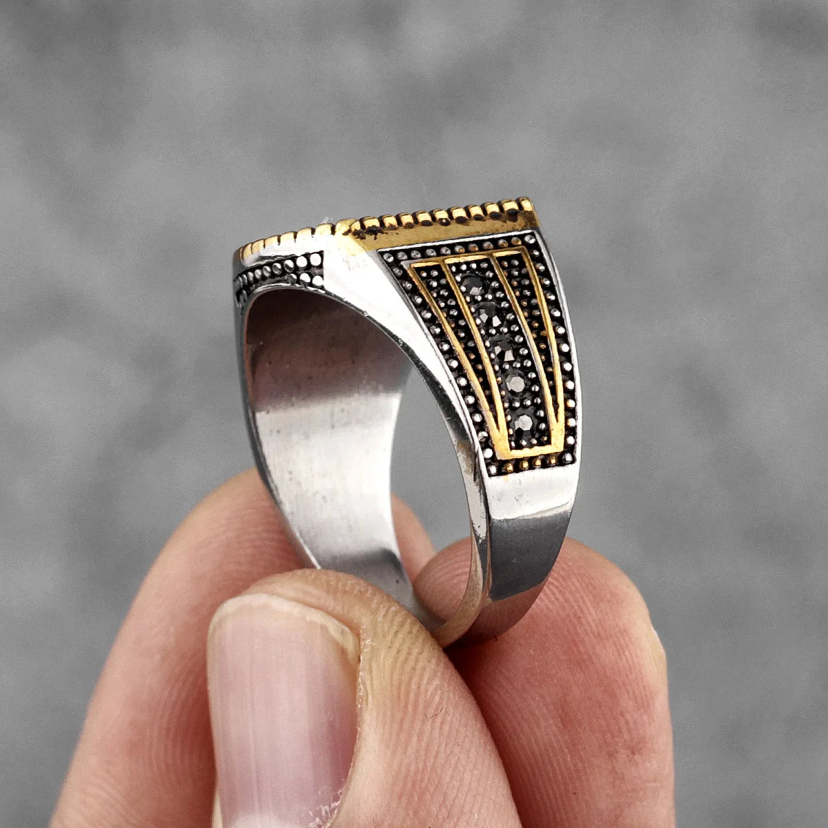 Golden/Black Rhinestone Stainless Steel Mens Rings