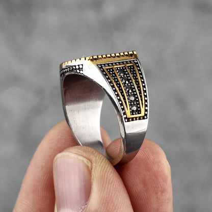 Golden/Black Rhinestone Stainless Steel Mens Rings