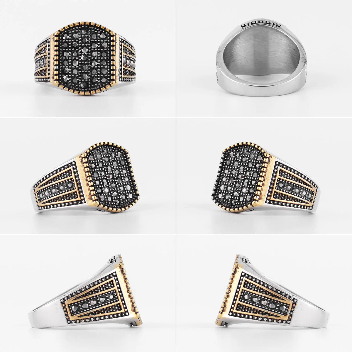 Golden/Black Rhinestone Stainless Steel Mens Rings