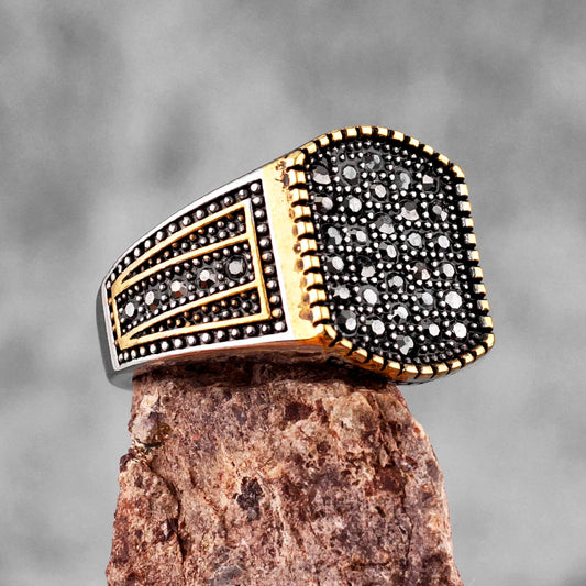 Golden/Black Rhinestone Stainless Steel Mens Rings